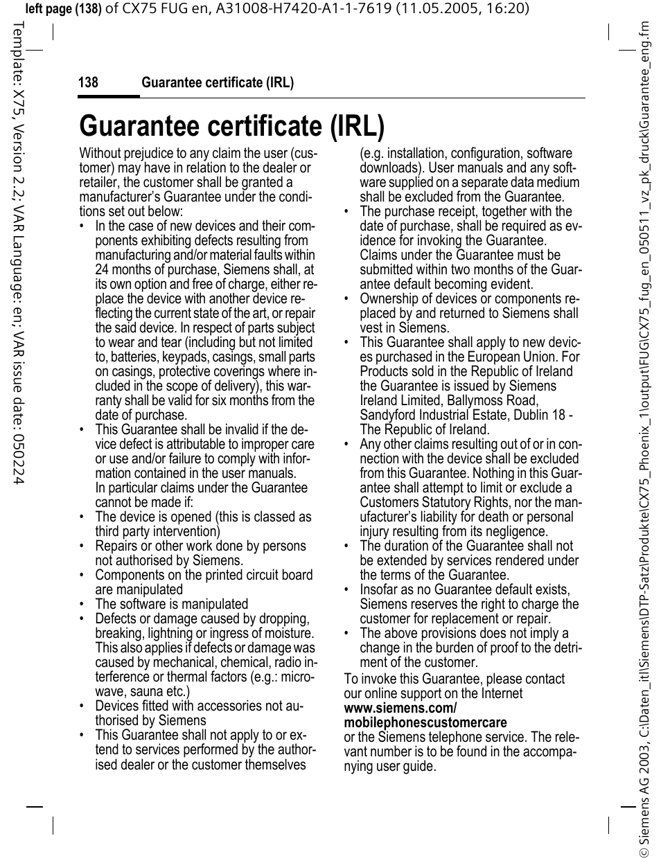 Guarantee certificate (irl) | Siemens CX75 User Manual | Page 139 / 152