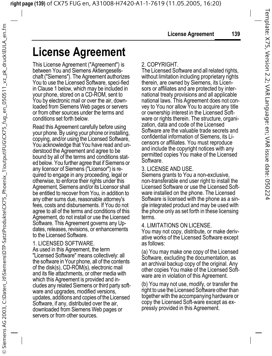 License agreement | Siemens CX75 User Manual | Page 140 / 152