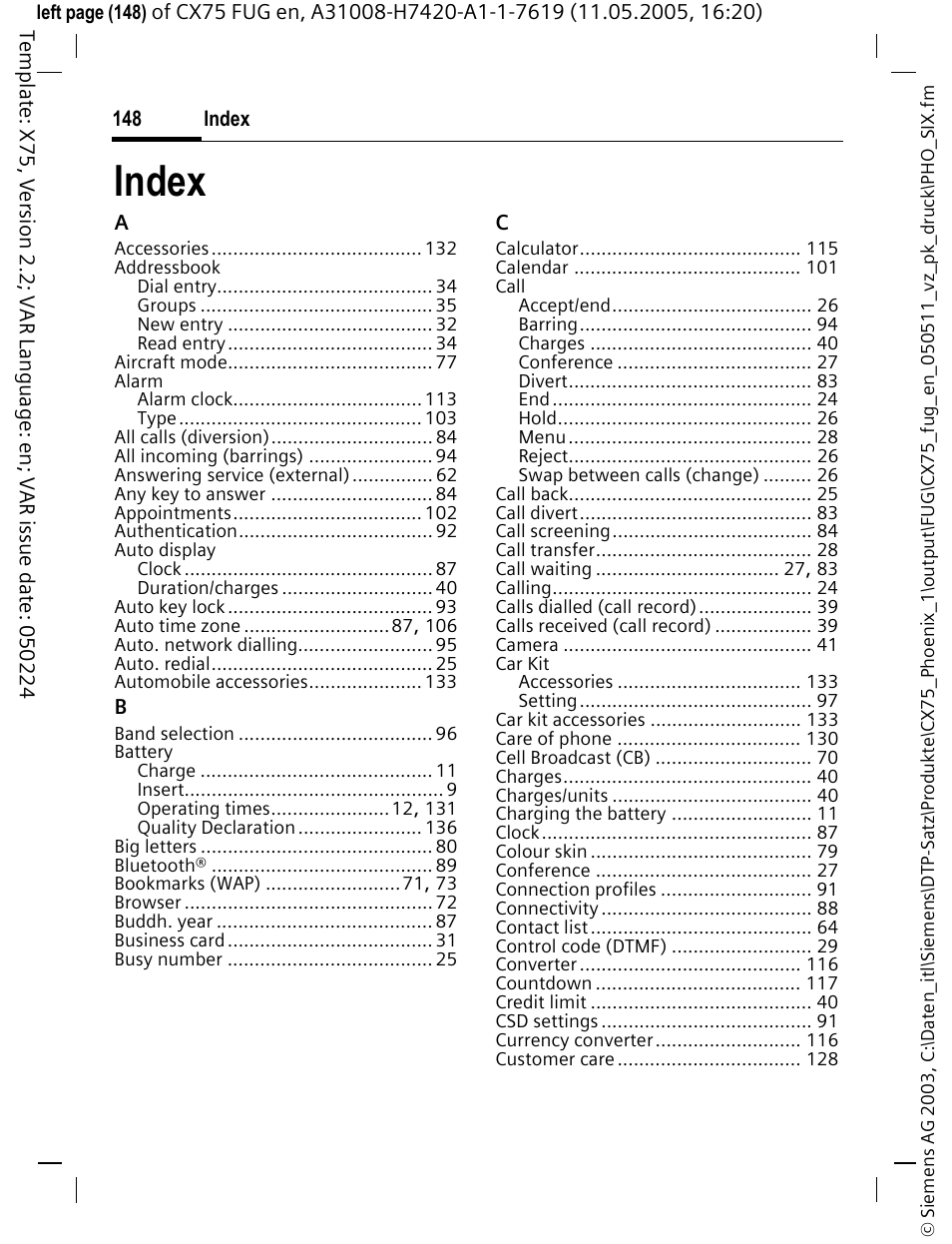 Index | Siemens CX75 User Manual | Page 149 / 152