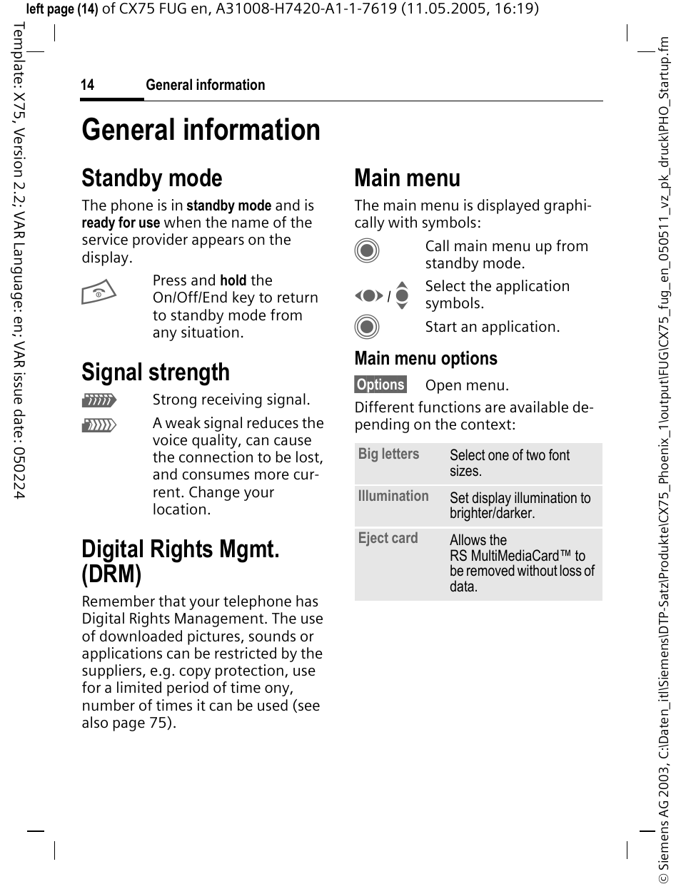 General information, Standby mode, Signal strength | Digital rights mgmt. (drm), Main menu | Siemens CX75 User Manual | Page 15 / 152