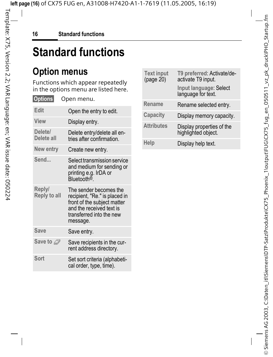 Standard functions, Option menus | Siemens CX75 User Manual | Page 17 / 152