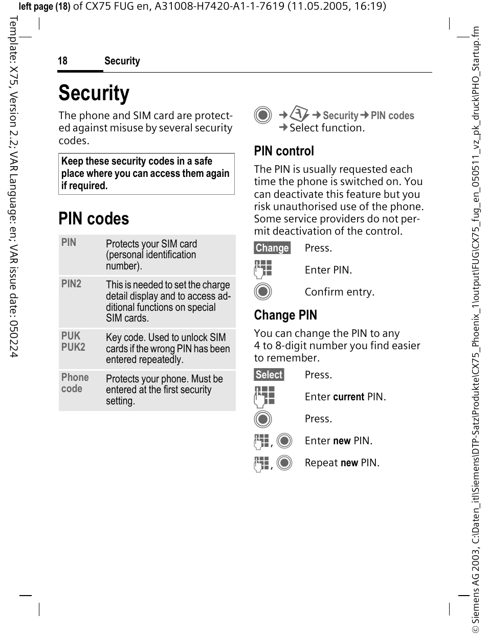 Security, Pin codes, Pin control | Change pin | Siemens CX75 User Manual | Page 19 / 152