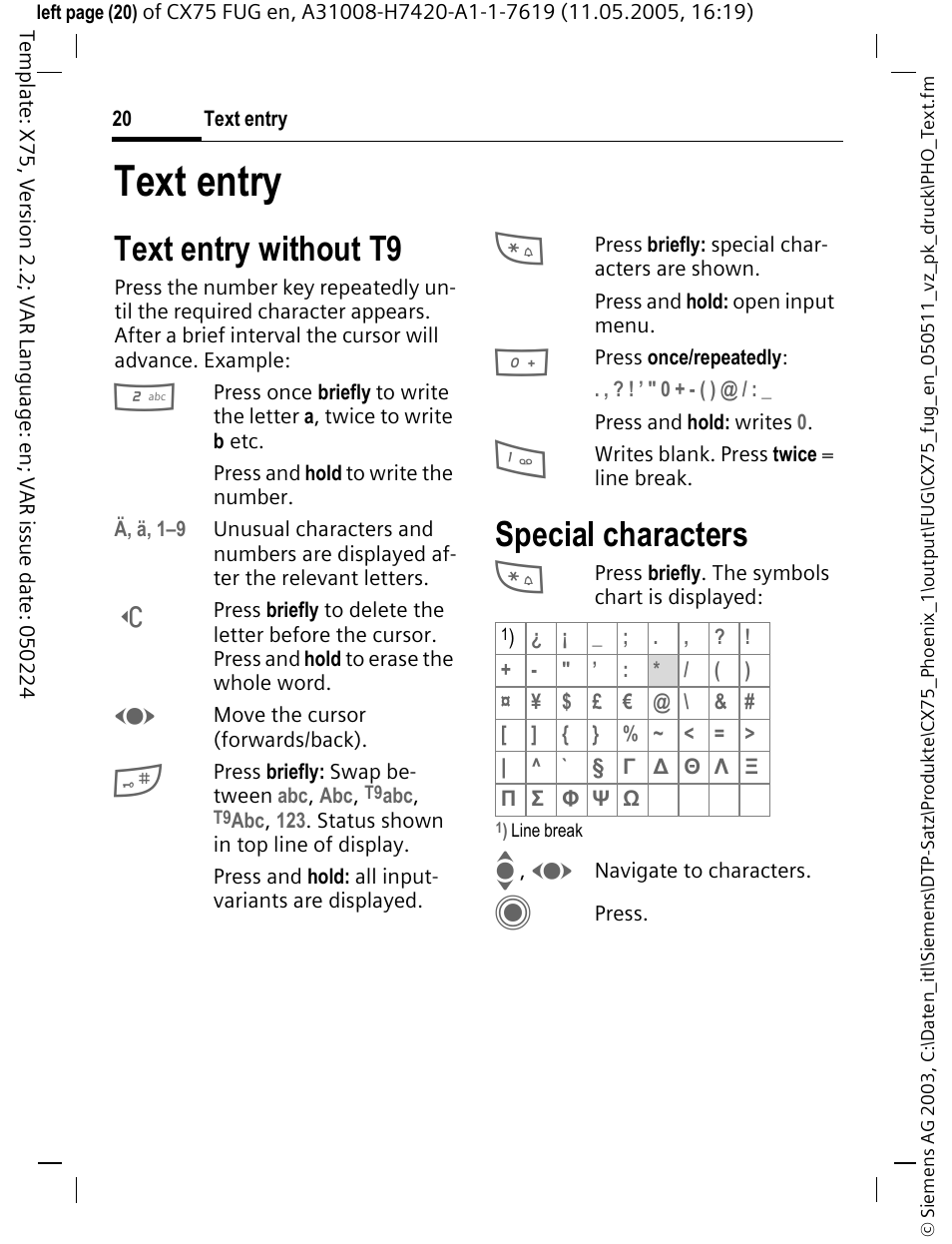 Text entry, Text entry without t9, Special characters | Siemens CX75 User Manual | Page 21 / 152