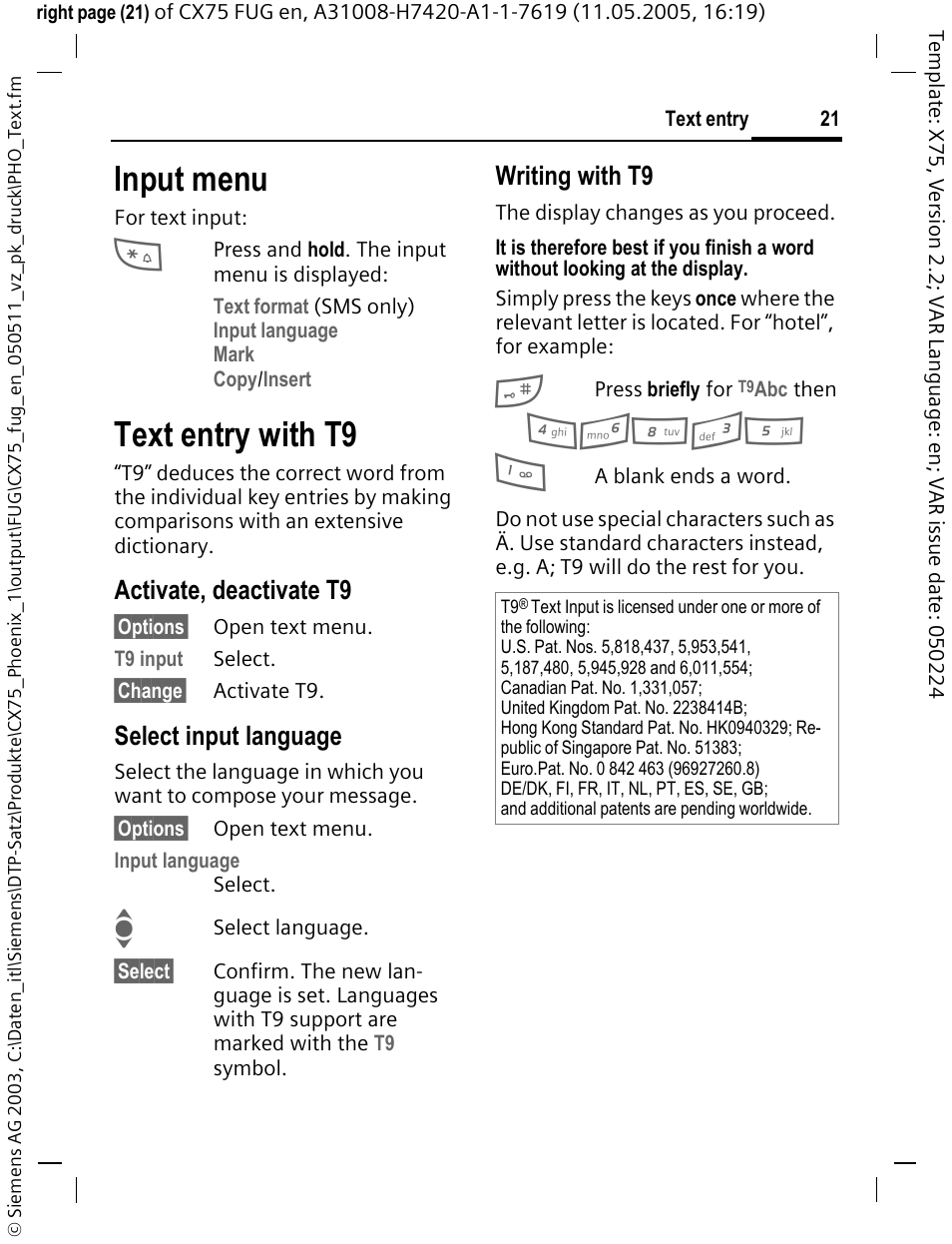 Input menu, Text entry with t9, Activate, deactivate t9 | Select input language, Writing with t9 | Siemens CX75 User Manual | Page 22 / 152