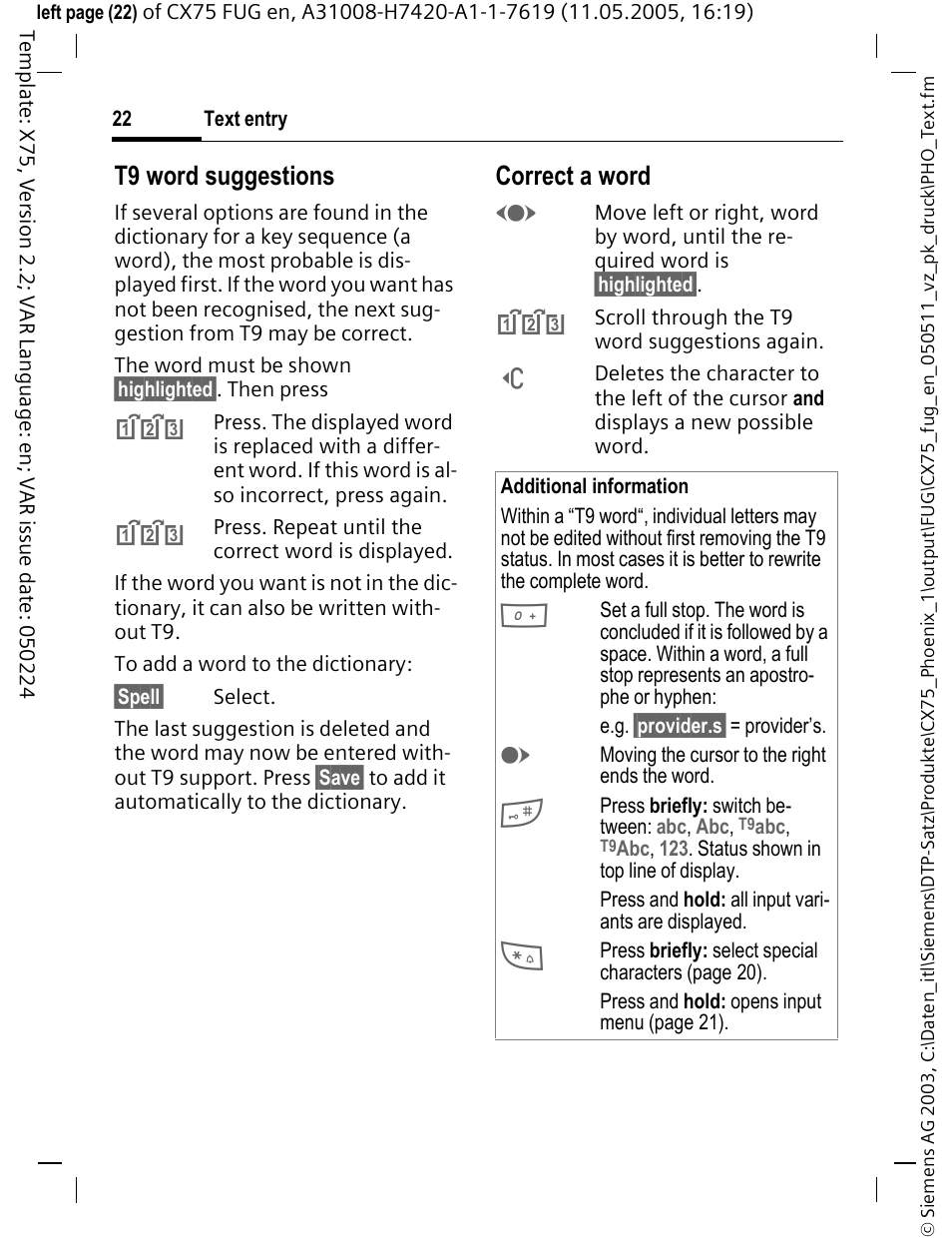 T9 word suggestions, Correct a word | Siemens CX75 User Manual | Page 23 / 152