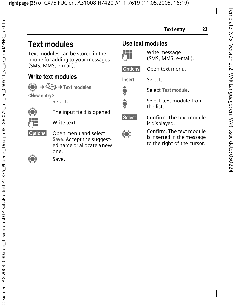 Text modules | Siemens CX75 User Manual | Page 24 / 152