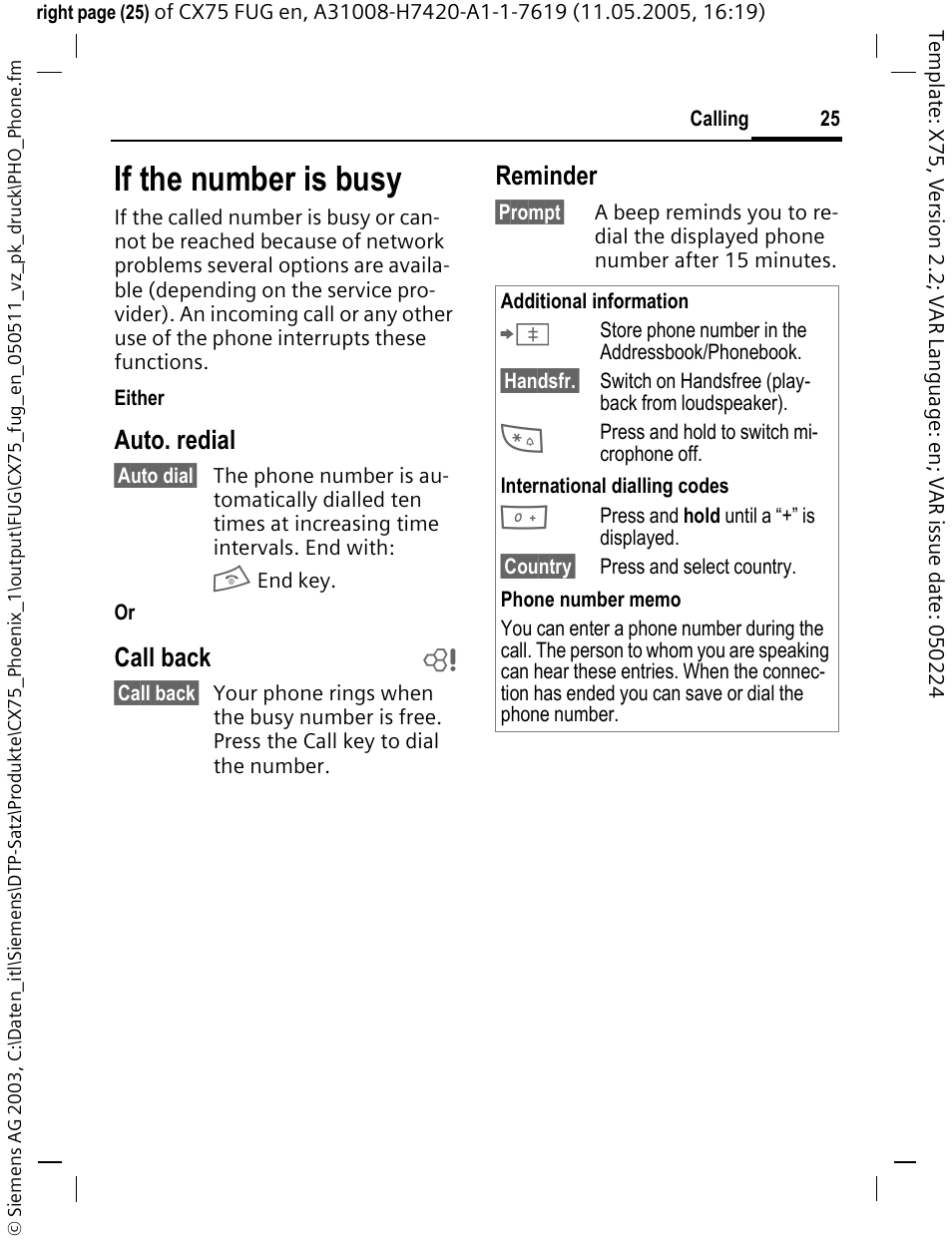 If the number is busy, Auto. redial, Call back b | Reminder | Siemens CX75 User Manual | Page 26 / 152
