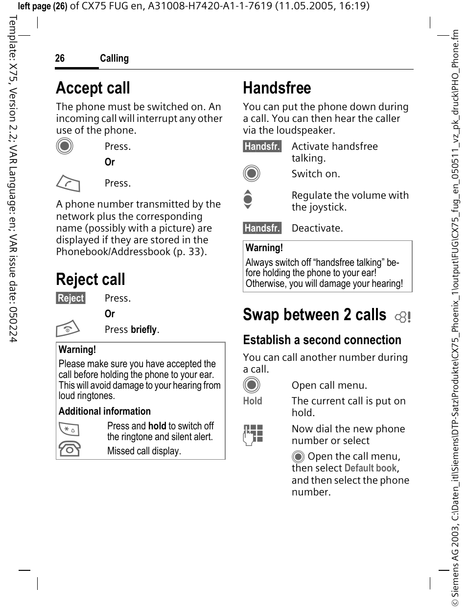 P. 26) are re, Accept call, Reject call | Handsfree, Swap between 2 calls | Siemens CX75 User Manual | Page 27 / 152