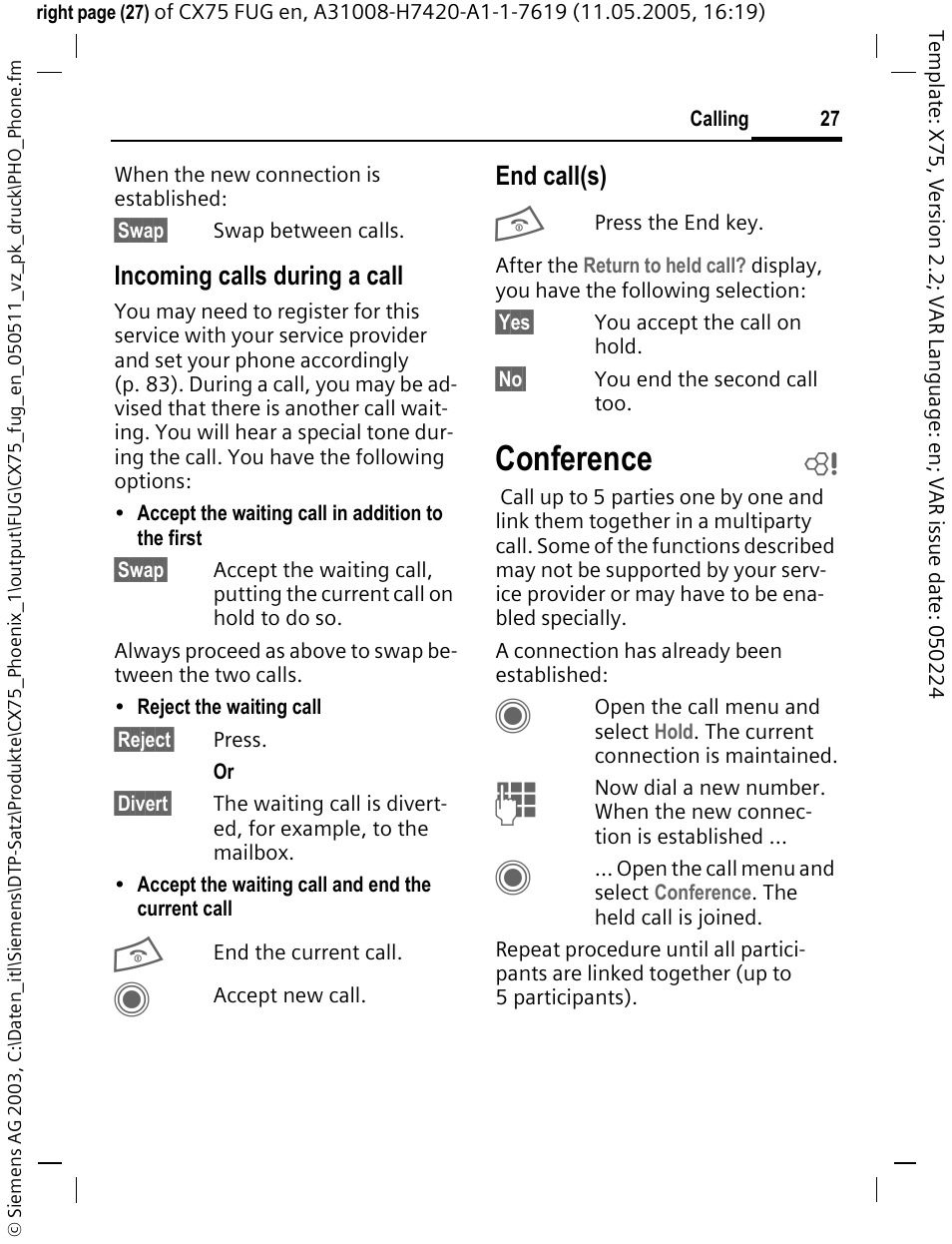 Conference, Incoming calls during a call, End call(s) | Siemens CX75 User Manual | Page 28 / 152