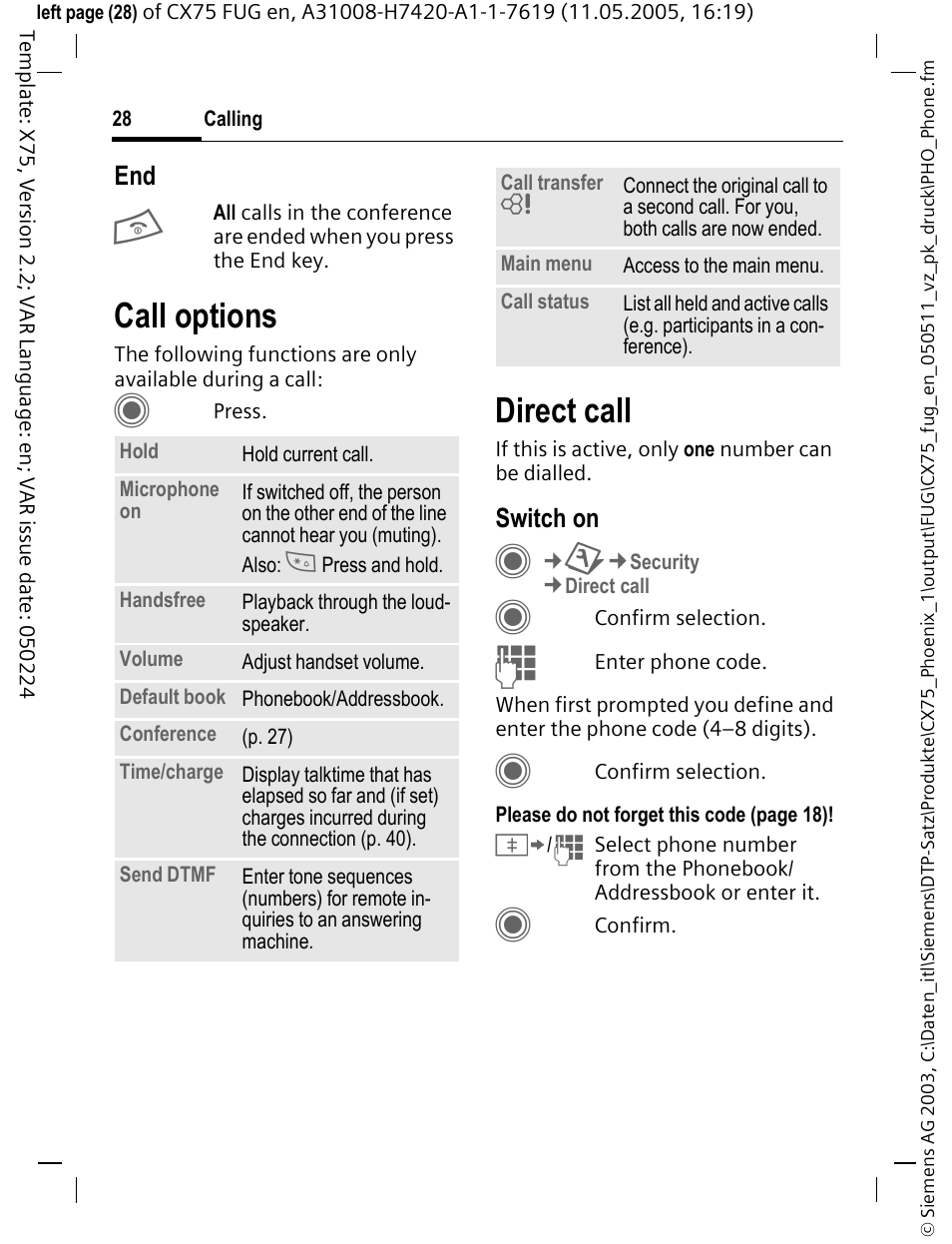 Call options, Direct call, Switch on | Siemens CX75 User Manual | Page 29 / 152