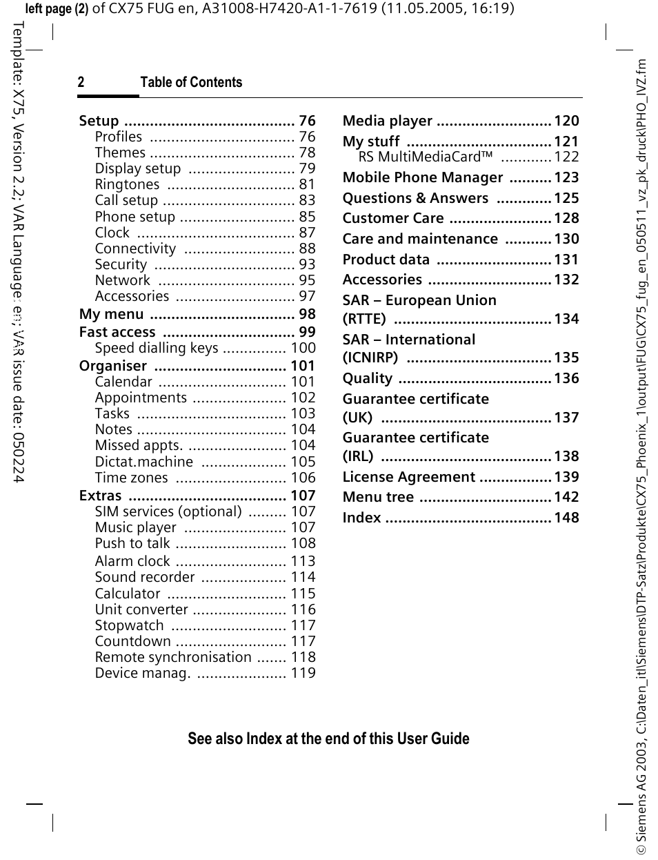 See also index at the end of this user guide | Siemens CX75 User Manual | Page 3 / 152