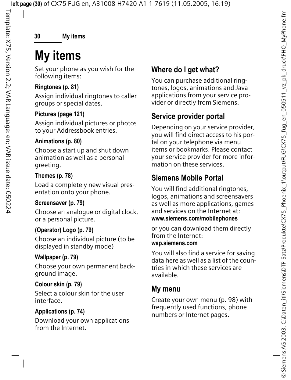 My items, Where do i get what, Service provider portal | Siemens mobile portal, My menu | Siemens CX75 User Manual | Page 31 / 152