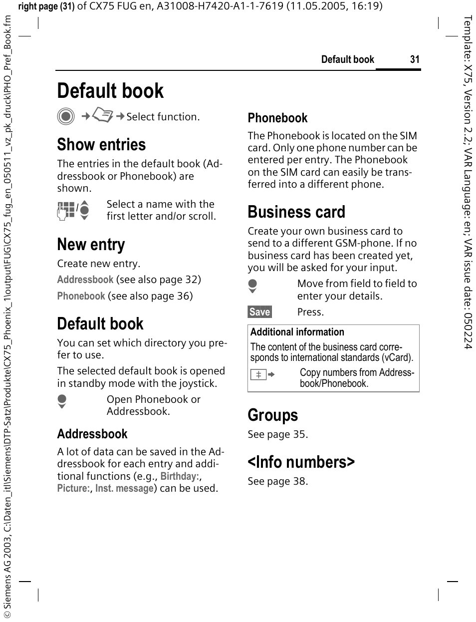 Default book, Default book c, Show entries | New entry, Business card, Groups, Info numbers | Siemens CX75 User Manual | Page 32 / 152