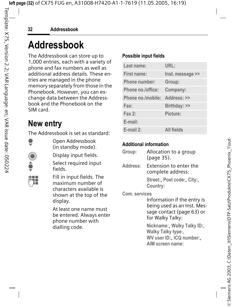 Addressbook, New entry | Siemens CX75 User Manual | Page 33 / 152