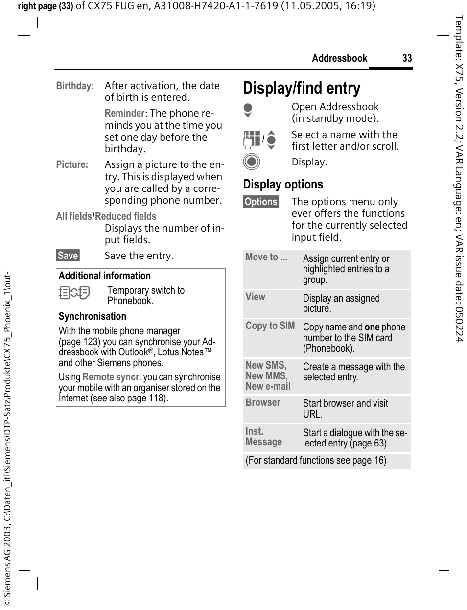 Display/find entry, Display options | Siemens CX75 User Manual | Page 34 / 152
