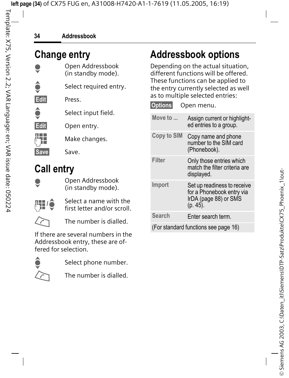 Change entry, Call entry, Addressbook options | Siemens CX75 User Manual | Page 35 / 152