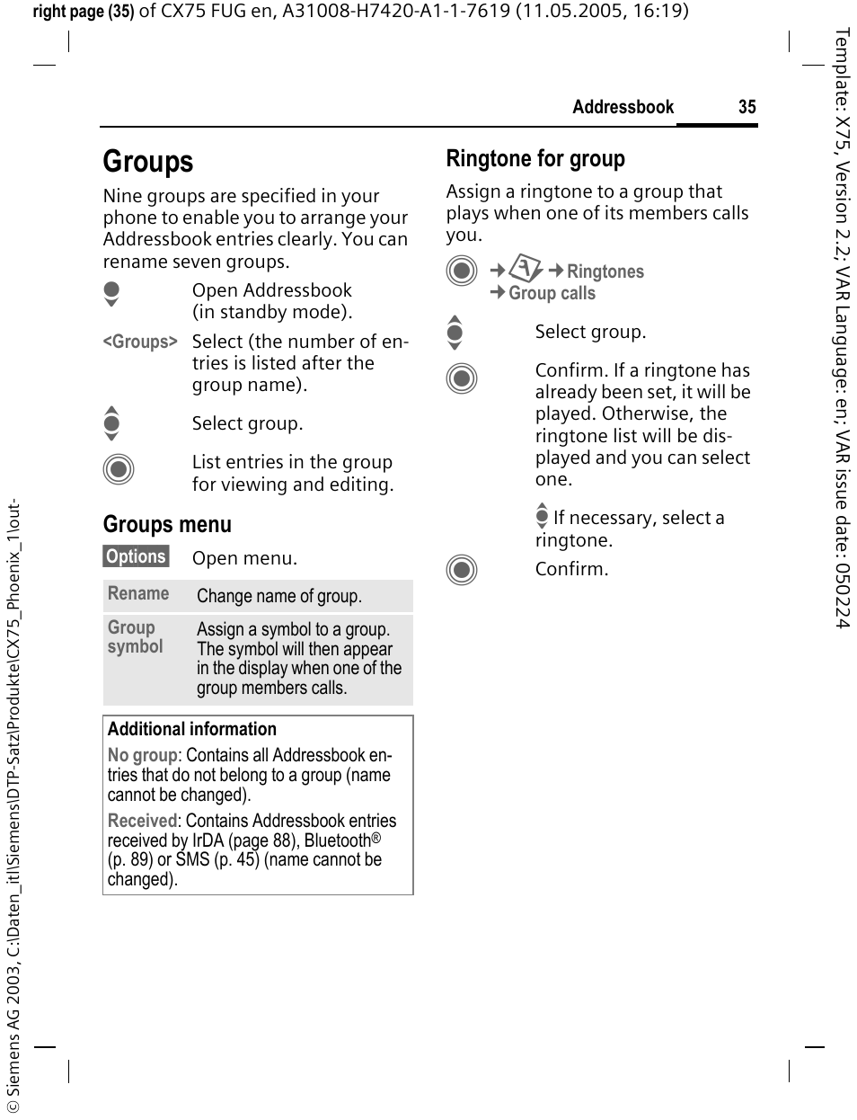 Groups | Siemens CX75 User Manual | Page 36 / 152