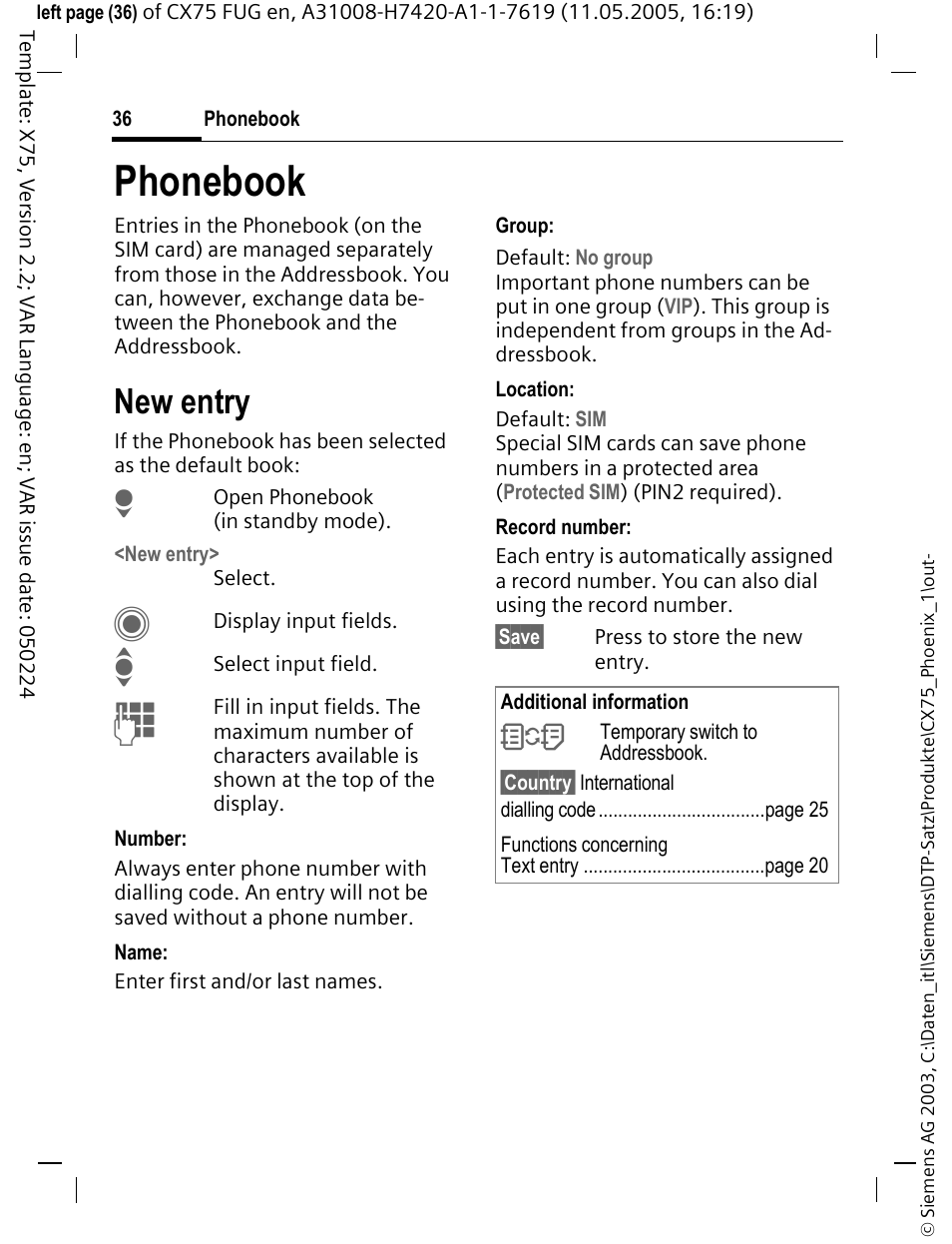 Phonebook, New entry | Siemens CX75 User Manual | Page 37 / 152