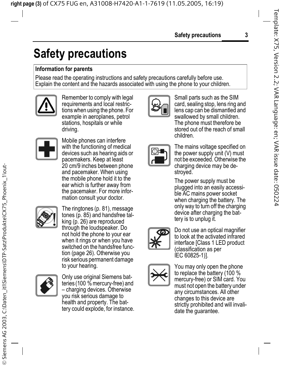 Safety precautions | Siemens CX75 User Manual | Page 4 / 152