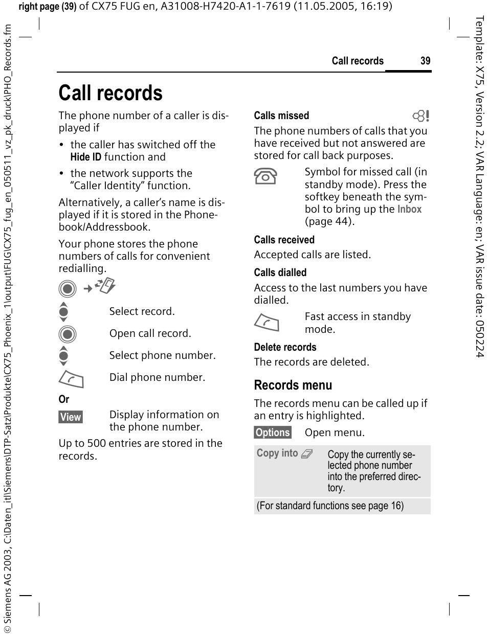 Call records, Records menu | Siemens CX75 User Manual | Page 40 / 152