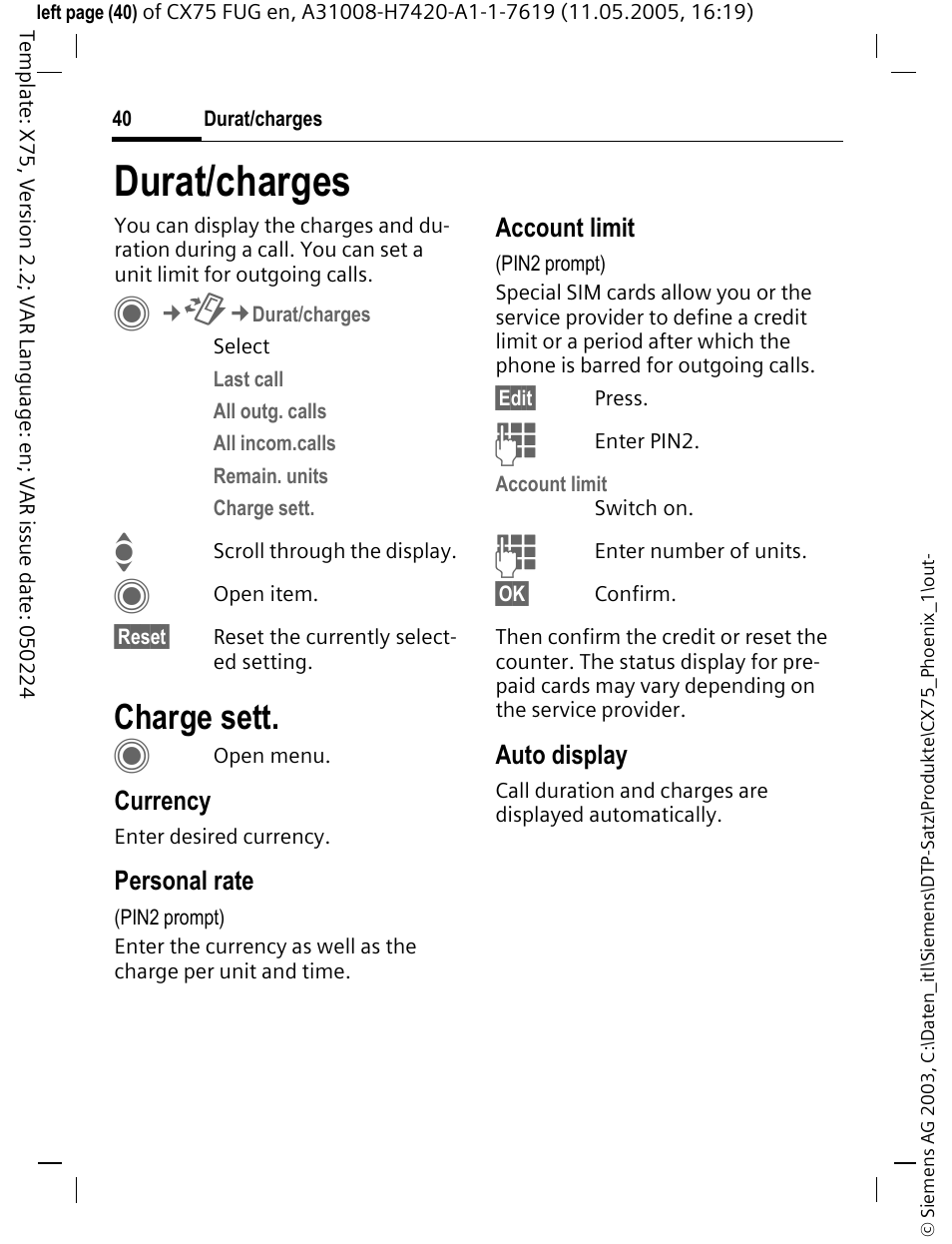 Durat/charges, Charge sett | Siemens CX75 User Manual | Page 41 / 152