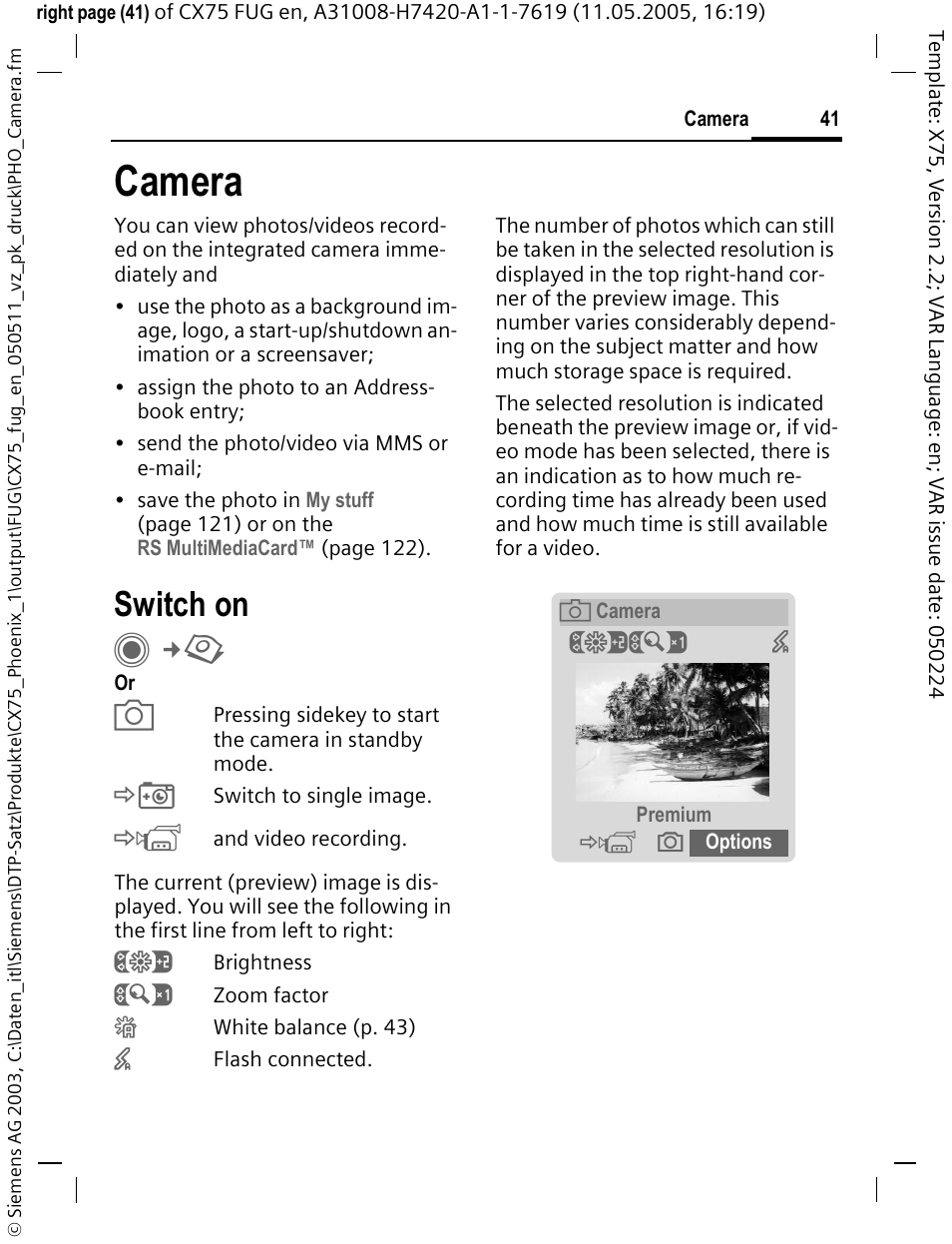 Camera, Switch on, Щъ ч | Siemens CX75 User Manual | Page 42 / 152