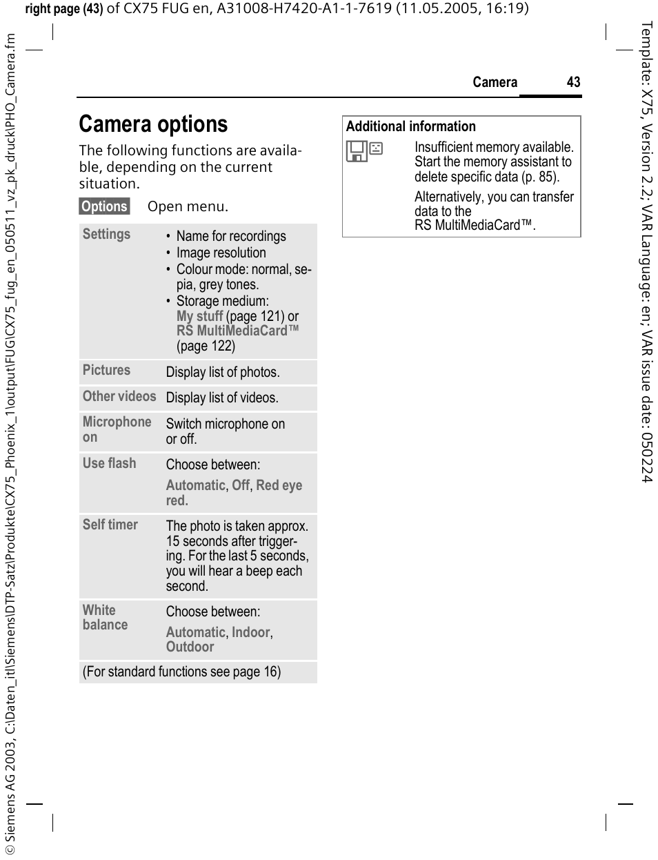 Camera options | Siemens CX75 User Manual | Page 44 / 152