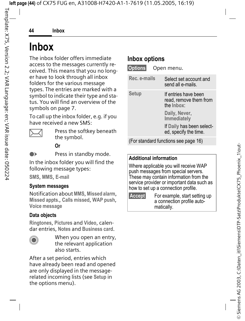 Inbox, Inbox options | Siemens CX75 User Manual | Page 45 / 152