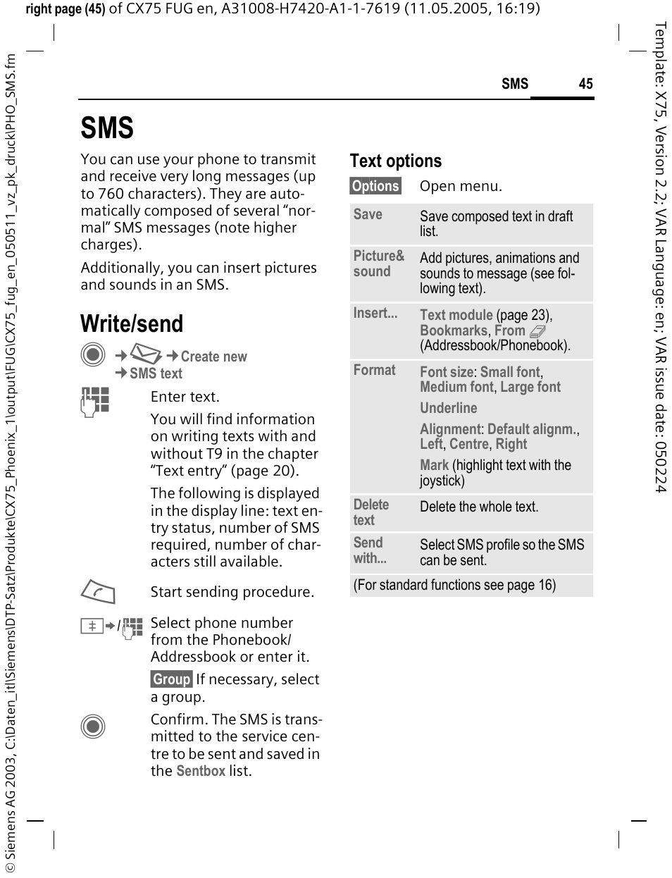 Write/send, Text options | Siemens CX75 User Manual | Page 46 / 152