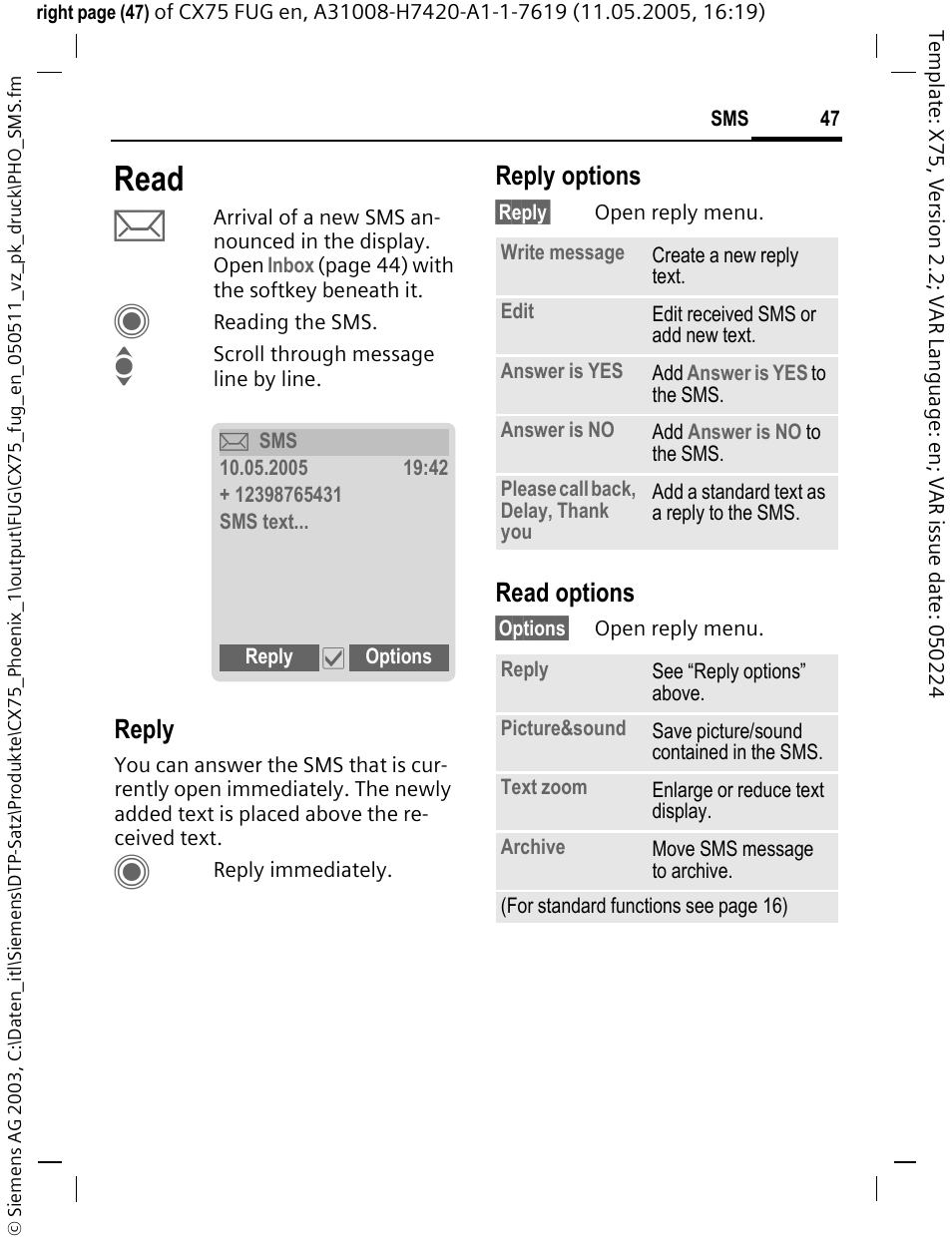 Read, Reply, Reply options | Read options | Siemens CX75 User Manual | Page 48 / 152