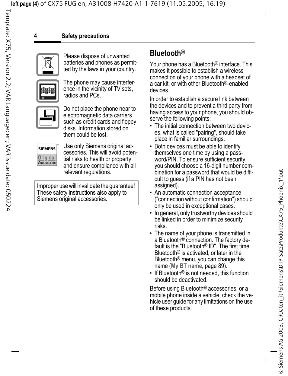 Bluetooth | Siemens CX75 User Manual | Page 5 / 152