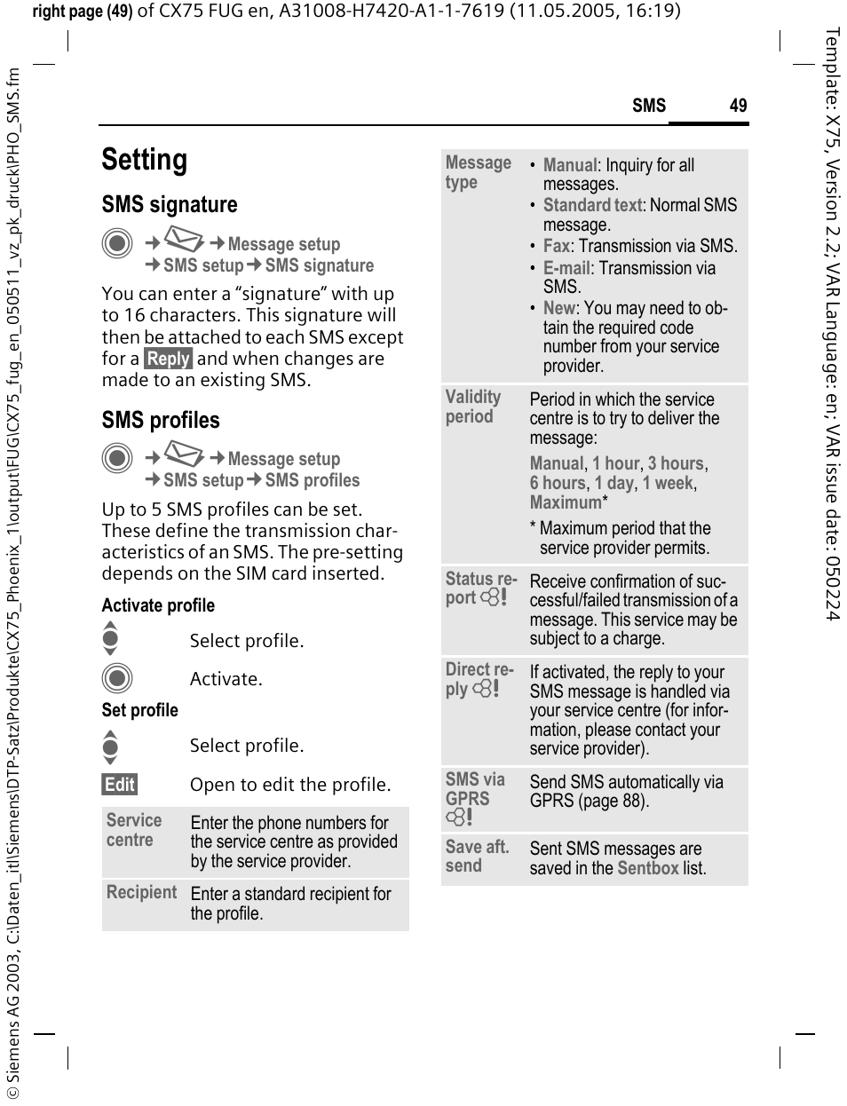 Setting, Sms signature, Sms profiles | Siemens CX75 User Manual | Page 50 / 152