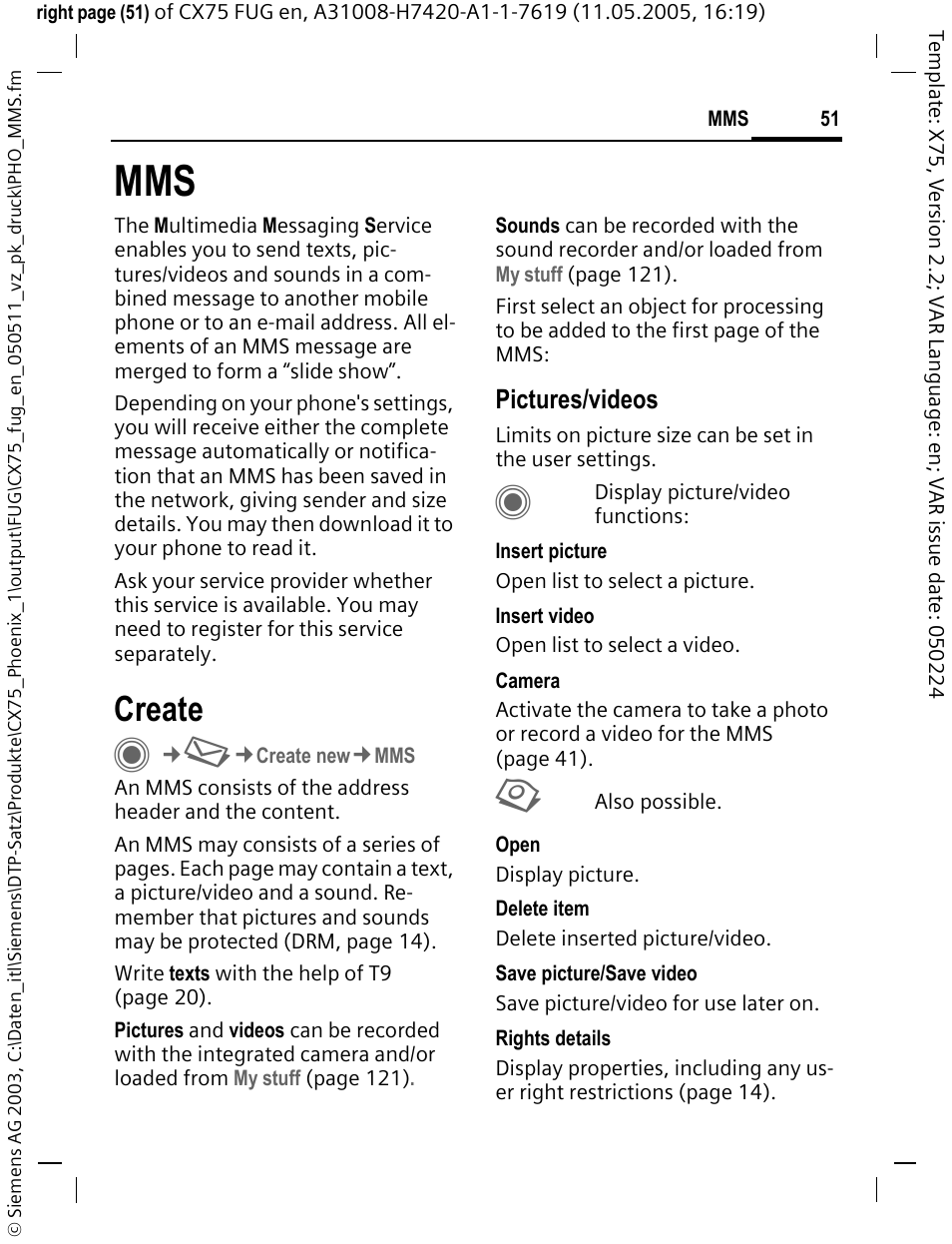 Create, Pictures/videos | Siemens CX75 User Manual | Page 52 / 152