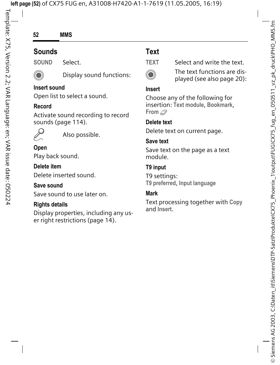 Sounds, Text | Siemens CX75 User Manual | Page 53 / 152