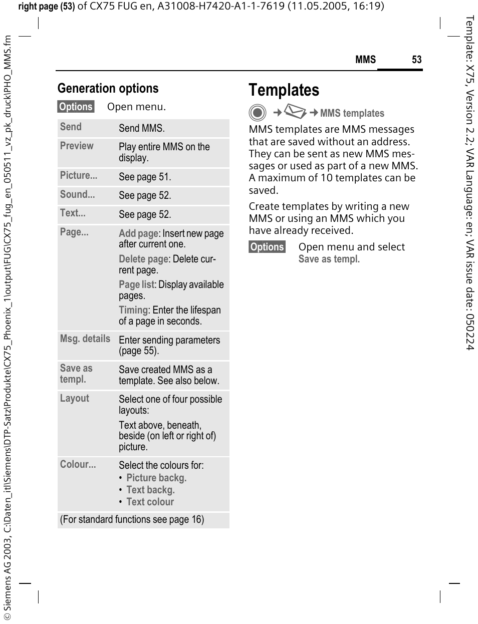 Templates, Generation options | Siemens CX75 User Manual | Page 54 / 152