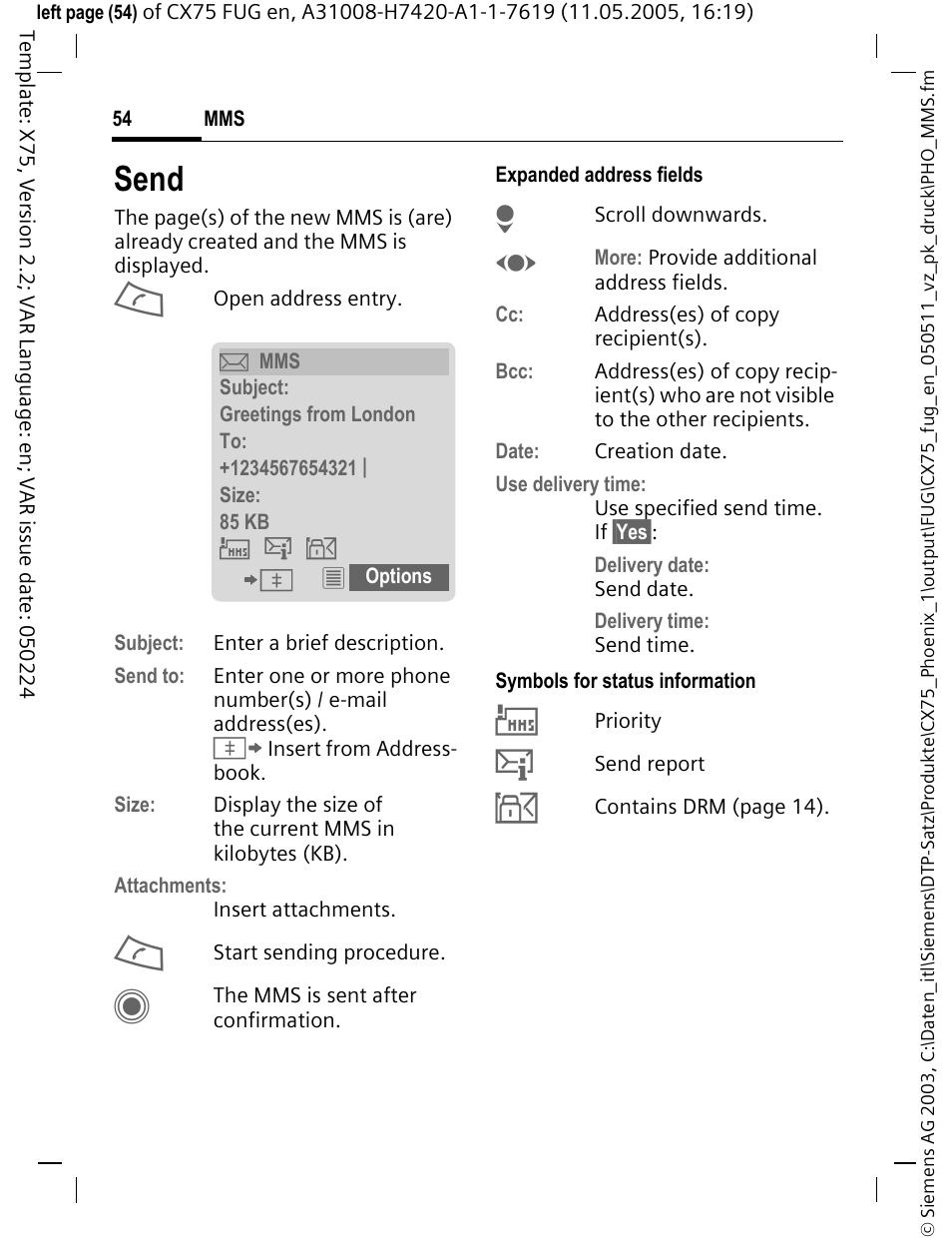 Send, Юя б | Siemens CX75 User Manual | Page 55 / 152