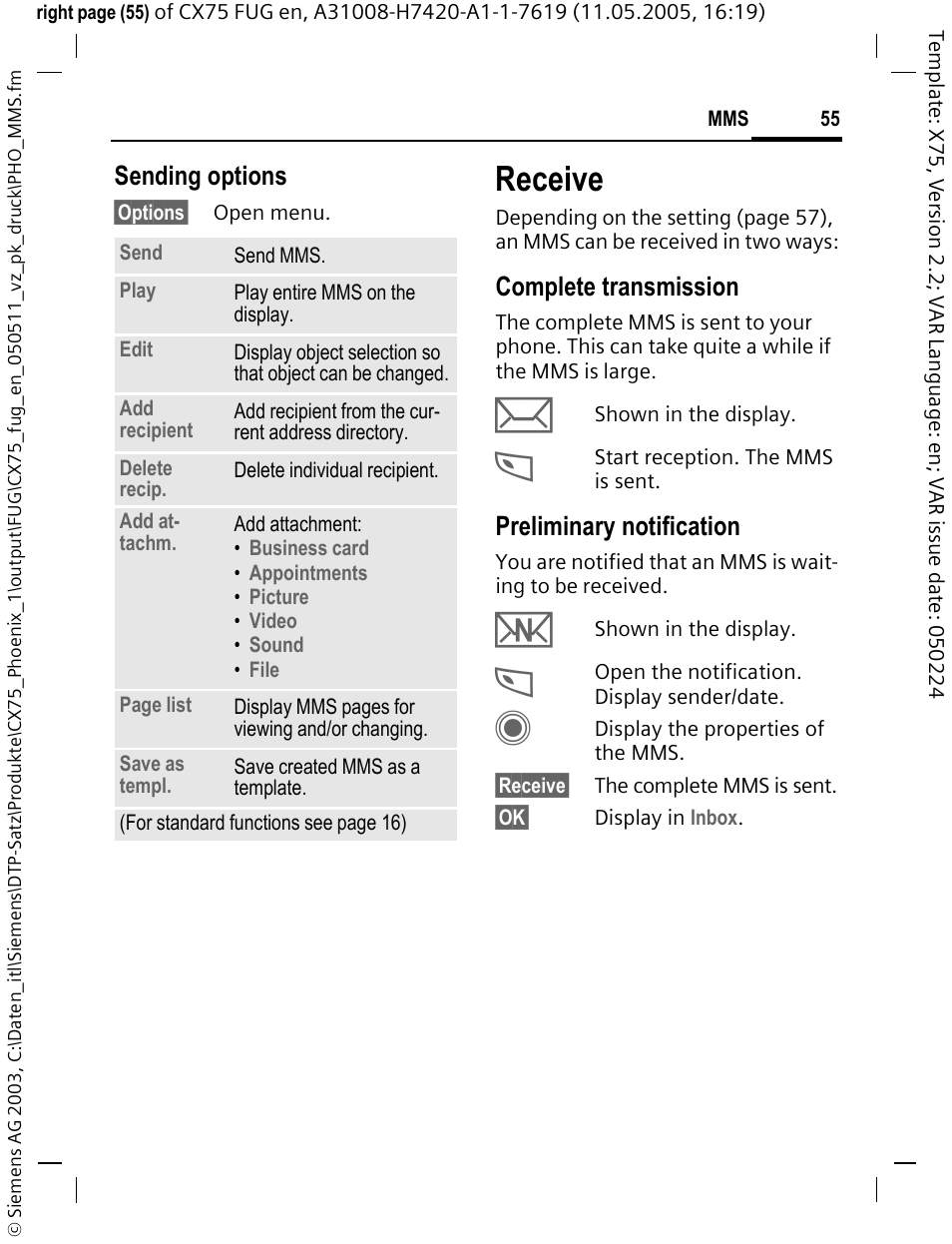 Receive, Sending options, Complete transmission | Preliminary notification | Siemens CX75 User Manual | Page 56 / 152