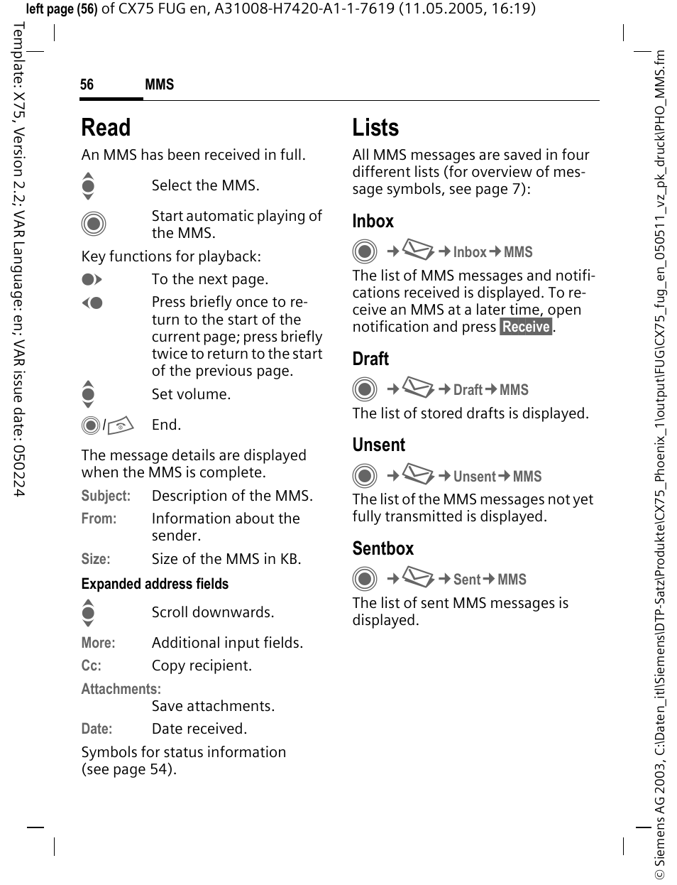 Read, Lists | Siemens CX75 User Manual | Page 57 / 152