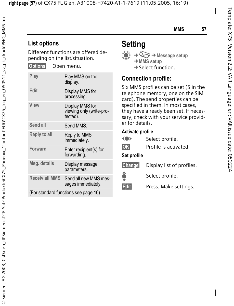 Setting, List options, Connection profile | Siemens CX75 User Manual | Page 58 / 152