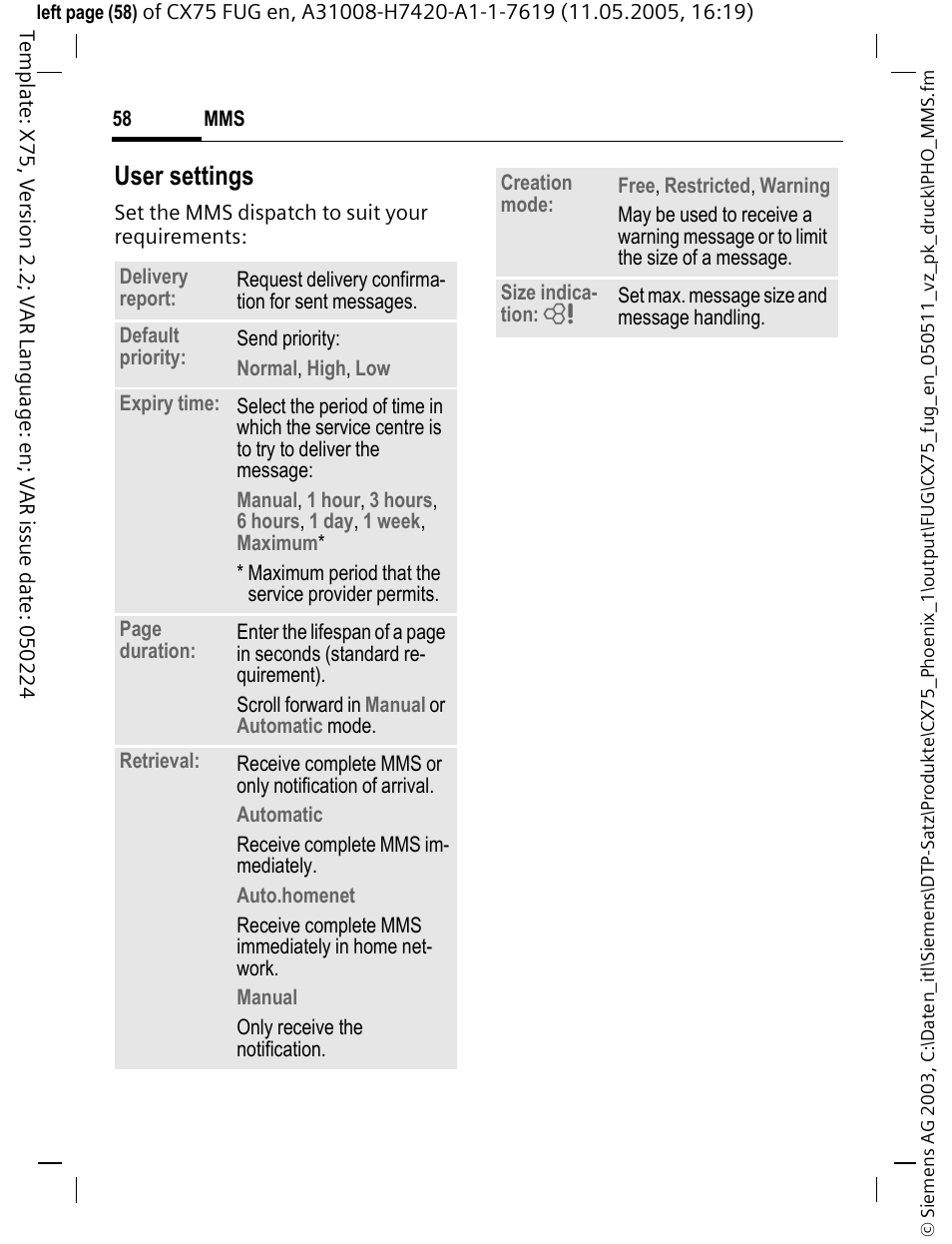 User settings | Siemens CX75 User Manual | Page 59 / 152