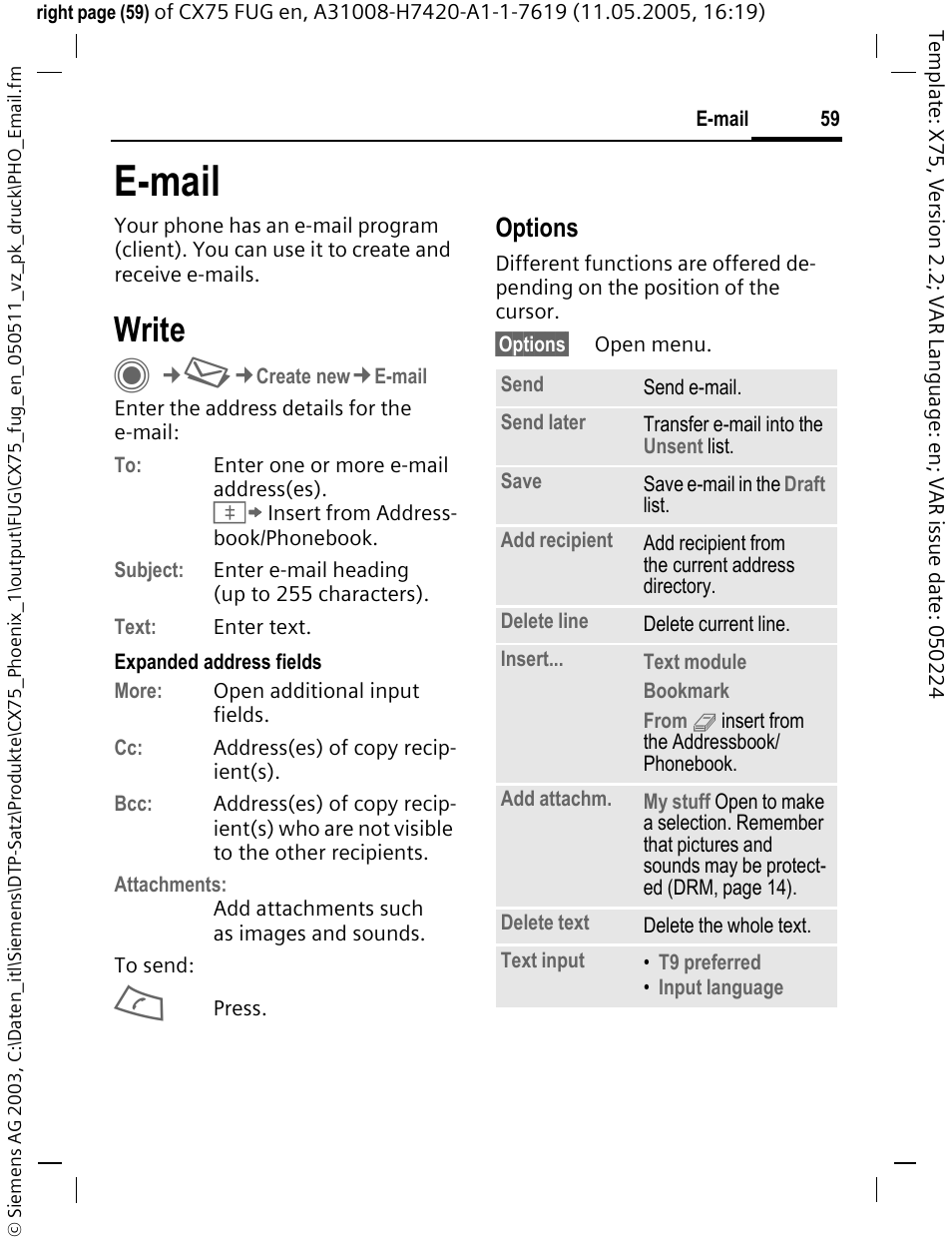 E-mail, Write, Options | Siemens CX75 User Manual | Page 60 / 152