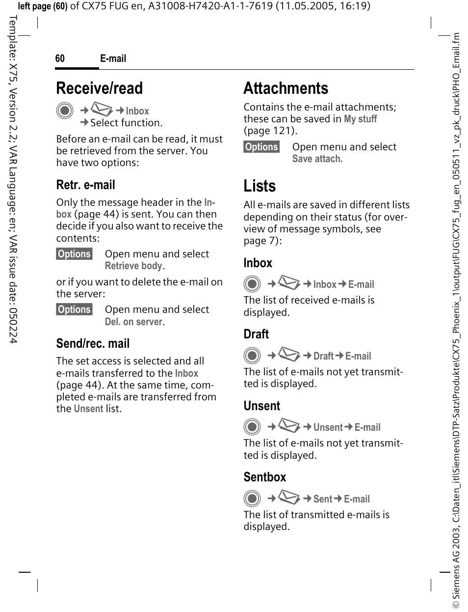 Receive/read, Attachments, Lists | Siemens CX75 User Manual | Page 61 / 152