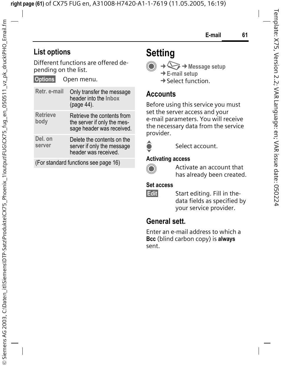 Setting, List options, Accounts | General sett | Siemens CX75 User Manual | Page 62 / 152