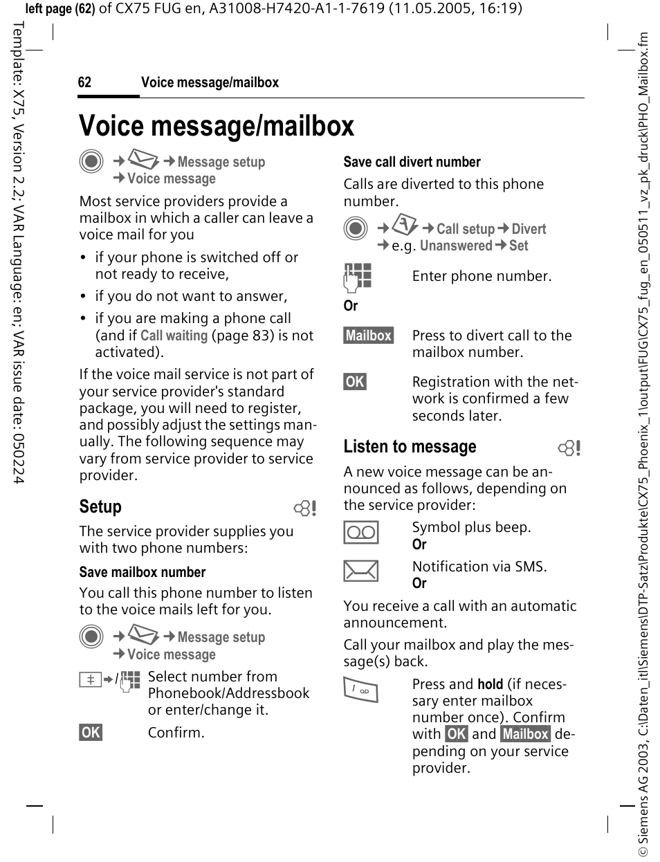 Voice message/mailbox, Voice message/mailbox c | Siemens CX75 User Manual | Page 63 / 152