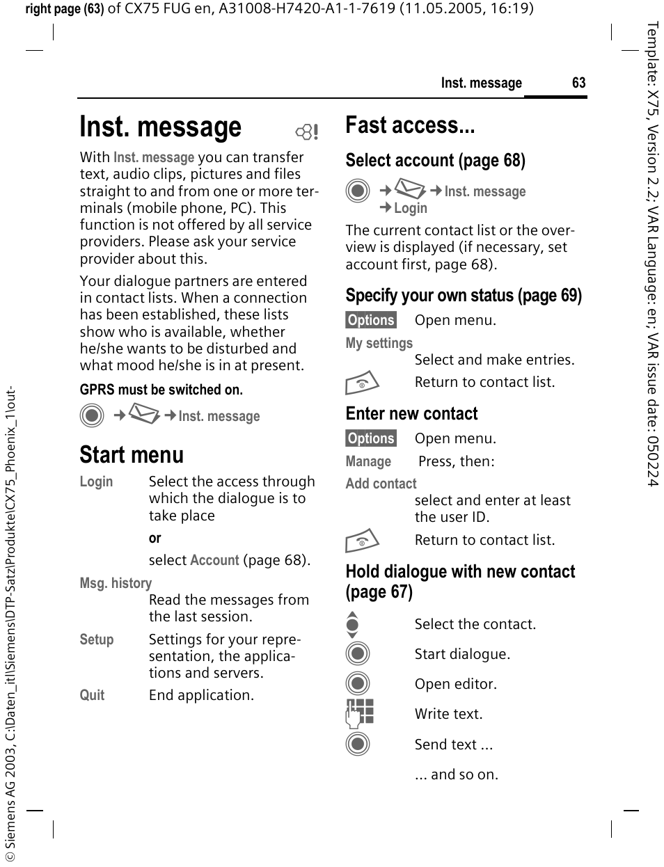 Inst. message b, Start menu, Inst. message | Fast access | Siemens CX75 User Manual | Page 64 / 152