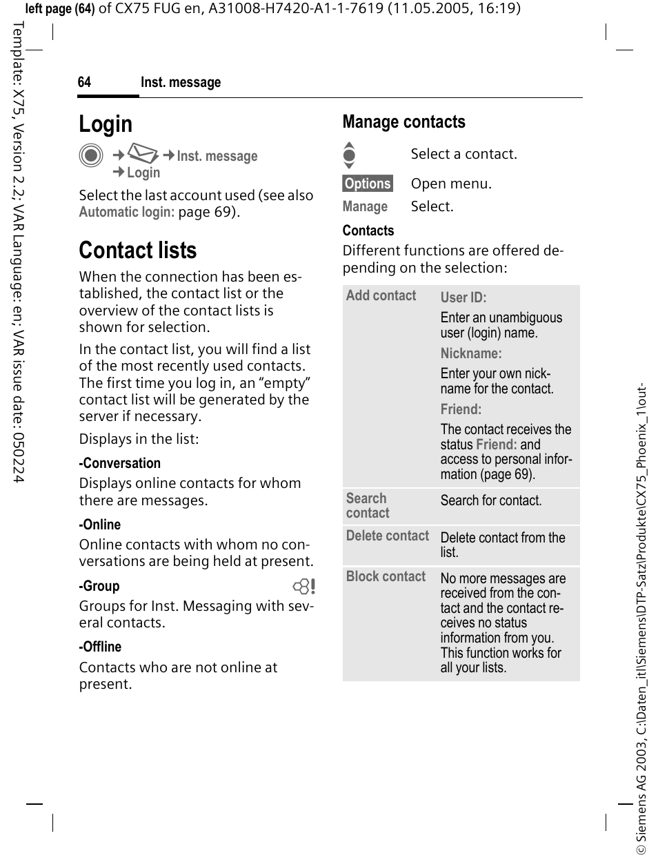 Login, Contact lists, Manage contacts | Siemens CX75 User Manual | Page 65 / 152