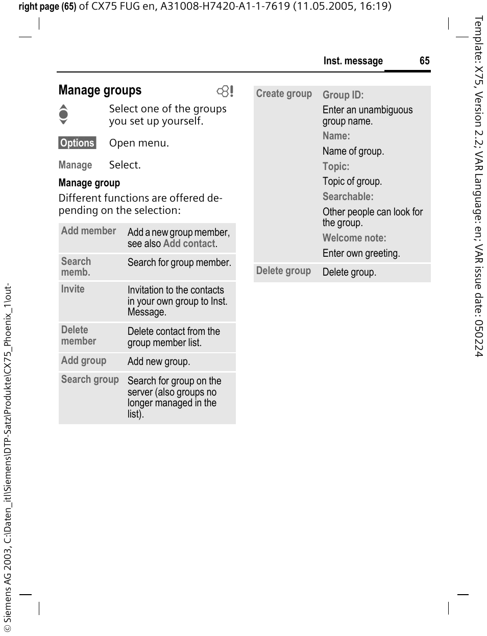 Manage groups b | Siemens CX75 User Manual | Page 66 / 152