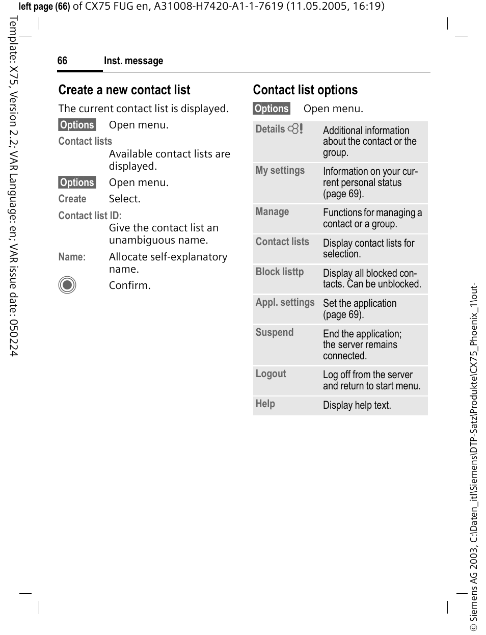 Create a new contact list, Contact list options | Siemens CX75 User Manual | Page 67 / 152