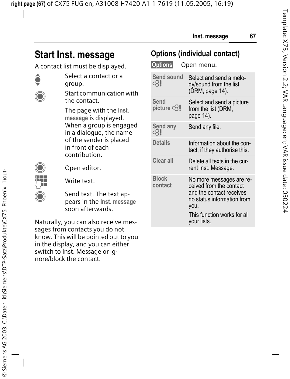 Start inst. message, Options (individual contact) | Siemens CX75 User Manual | Page 68 / 152