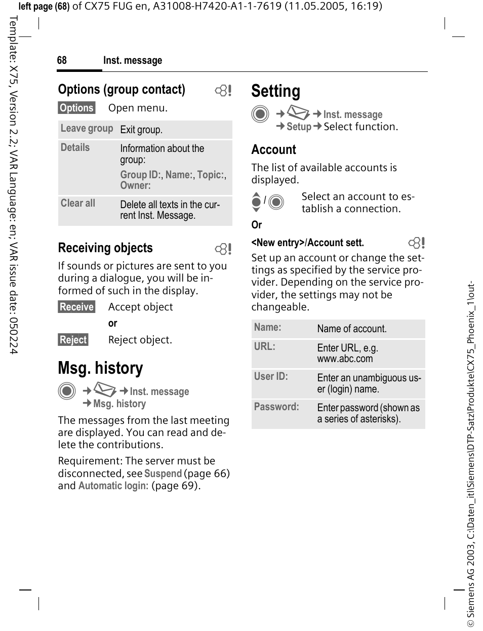 Msg. history, Setting, Options (group contact) b | Receiving objects b, Account | Siemens CX75 User Manual | Page 69 / 152